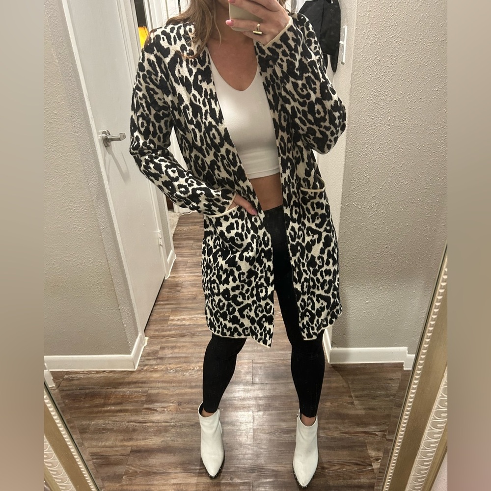 Buddy love black and cream leopard cardigan with pockets size small